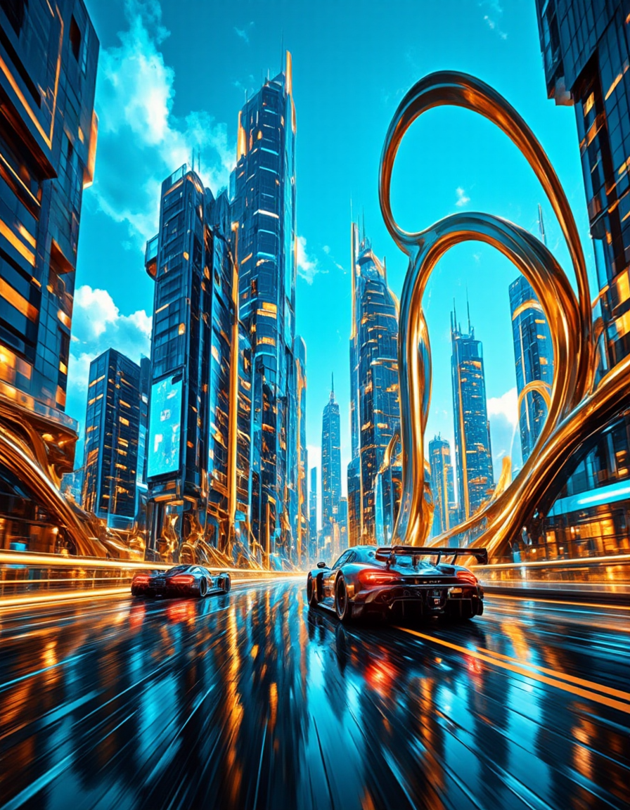 <lora:INWYTK_04flux:1> inwytk04, This photo radiates energy and speed, set against the dazzling backdrop of a futuristic metropolis. Towering neon-lit skyscrapers stretch into a vibrant blue sky, their slick, glassy surfaces reflecting the pulse of a high-tech world. The architecture is impossibly sleek and stylized, with glowing accents and dynamic digital billboards that pulse with motion and color.
In the foreground, racing cars tear down a wet, gleaming roadâevery detail crisp, from the aggressive aerodynamics of their bodywork to the reflections dancing beneath their tires. You can almost hear the high-pitched whine of their engines and feel the tension in the wet pavement as they accelerate toward the horizon.
This photo captures the adrenaline and aesthetic of a cyberpunk-inspired world, blending precision engineering with urban grandeur. It feels like a frame from a cinematic racing saga, where the stakes are sky-high and the city itself is a living, breathing arena. T11, The golden elements glisten with a luminous sheen, suggesting a high-end, luxurious feel, while the cool teal sections provide a calming contrast, evoking a sense of depth and serenity. The forms swirl and loop with perfect smoothness, reminiscent of molten metal or flowing satin, giving the piece both a sense of movement and stillness.