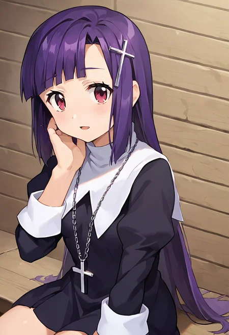 score_9, score_8_up, score_7_up, masterpiece, source_anime 1girl, ct_zange, purple hair, long hair, cross hair ornament, black dress, white turtleneck, long sleeves, cross necklace, looking at viewer, indoors, wooden wall, cowboy shot, shiny skin, sitting,<lora:Zange_Pony_ct:1>