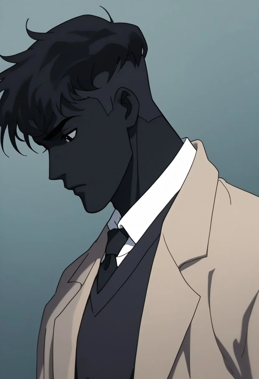 score_9, score_8_up, score_7_up, source_anime, 1boy, male focus, upper body, side view, (mad expression:0.3), detail background, ((black hair)), short hair, black eyes, (((black skin))), black eyebrows, undercut hair, black tone skin, solo, white shirt, open jacket, sexy face, defined body, muscles, groping self, hyper detailed, analog photo, Cinematic, bedroom background, 30 yo, horn, demon, social hair, (((black tie)))