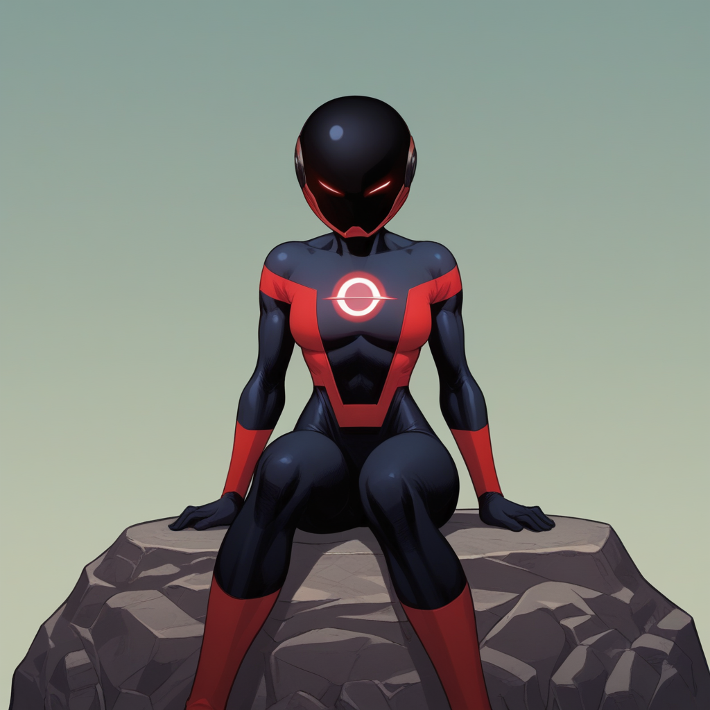 score_8_up, BREAK, RadiantRed, 1girl, solo, helmet,  bodysuit, glowing eyes, superhero,    <lora:Radiant_Red_PXL_Leaf1:1>,  sitting on rock,