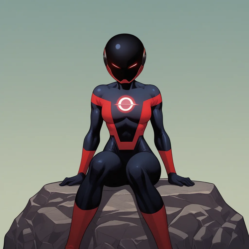 score_8_up, BREAK, RadiantRed, 1girl, solo, helmet,  bodysuit, glowing eyes, superhero,    <lora:Radiant_Red_PXL_Leaf1:1>,  sitting on rock,