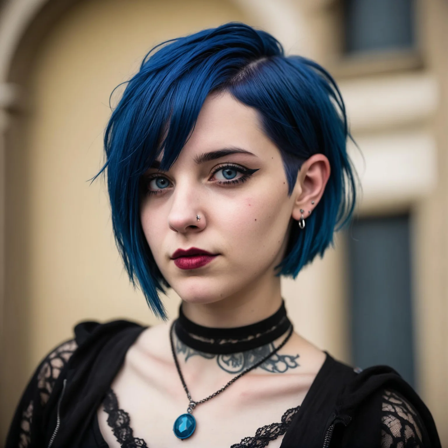 face portrait of a 20 years old woman , gothic short blue hair, ruby piercing