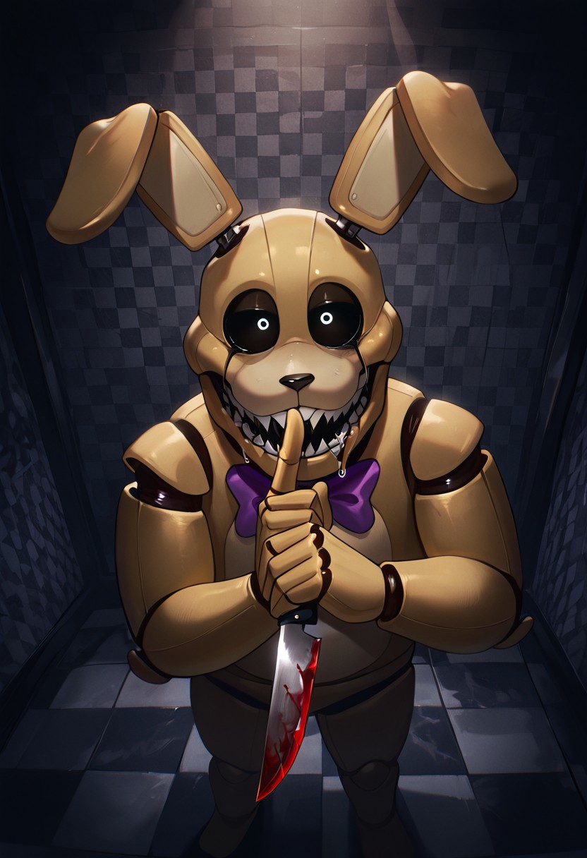 masterpiece, best quality, amazing quality, very aesthetic, absurdres, newest, detailed background, foreground blur, (( )),
springbon, teeth, rabbit ears, purple bowtie, sharp teeth, animatronic, robot joints,, 1boy, smile, big head, big mouth, wide head, wide face, drooling,, 
matte skin, black sclera, furry skin, fabric skin, 
checkered walls, checkered floor, grey walls, shhhh, silencing, hand on mouth, holding knife, dark, no lights, shushing, bloody knife,