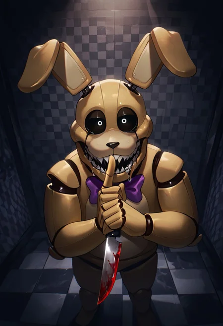 masterpiece, best quality, amazing quality, very aesthetic, absurdres, newest, detailed background, foreground blur, (( )),
springbon, teeth, rabbit ears, purple bowtie, sharp teeth, animatronic, robot joints,, 1boy, smile, big head, big mouth, wide head, wide face, drooling,, 
matte skin, black sclera, furry skin, fabric skin, 
checkered walls, checkered floor, grey walls, shhhh, silencing, hand on mouth, holding knife, dark, no lights, shushing, bloody knife,