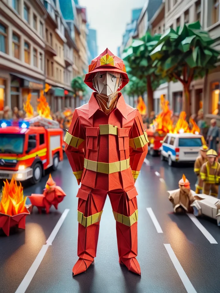 ral-orgmi, a origami paper fireman in a fire suit and helmet standing in a street <lora:ral-orgmi-sdxl:1>