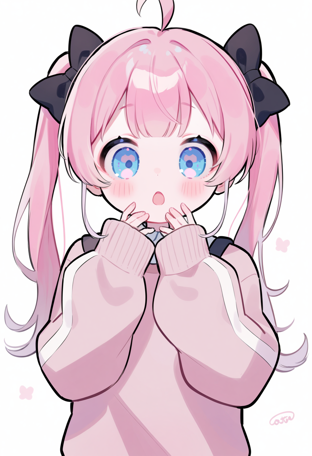 1girl,solo,pink hair,white background,twintails,long sleeves,blue eyes,hair bow,bow,upper body,ahoge,puffy long sleeves,black bow,blush,simple background,hands up,on head,looking at viewer,animal on head,long hair,shirt,puffy sleeves,:o,sleeves past wrists,signature,animal,sweater,open mouth,
<lora:Lovely-000036:0.6>,