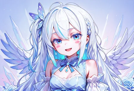 lazypos, girl focus, 1girl, virtual youtuber, blue hair, blue eyes, multicolored hair, long hair, blush, wings, hair ornament, open mouth, dress, looking at viewer, ahoge, bow, smile, puffy detached sleeves, solo, wing hair ornament, white wings, hair bow, flower, detached sleeves, medium bangs, angel wings, braid, sky, streaked hair, feathers, frills, ribbon, white feathers, feathered wings, >_<, rose, upper body, blue bow, blue dress, short sleeves, two-tone hair, puffy sleeves, puffy short sleeves, hair ribbon, sparkle, breasts, blush stickers, :d, nonoknow