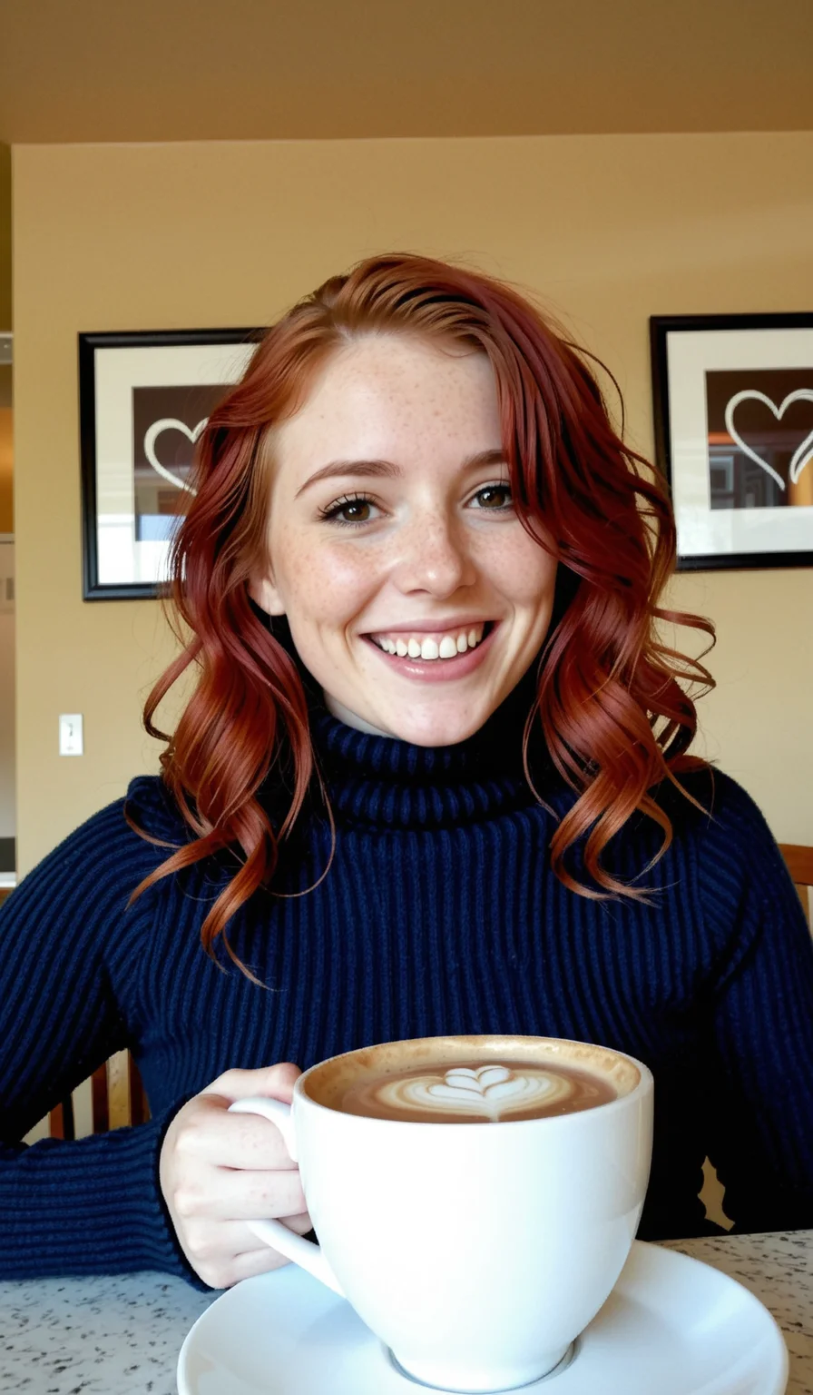 The image is a bright, cheerful portrait of a young woman enjoying a cup of coffee. It has a warm and inviting feel.
The Woman:
She’s a fair-skinned woman with vibrant red hair that’s styled in loose waves.
She's smiling genuinely, showing her teeth, which conveys friendliness.
She is wearing a dark navy blue turtleneck sweater.
Her arms are crossed casually on the table.
The Coffee:
In front of her sits a white ceramic cup with a saucer.
The coffee inside has beautiful latte art – a heart shape created by swirling milk foam. It looks creamy and delicious.
Background & Setting:
The background is slightly blurred, suggesting a shallow depth of field.
There are three framed pictures hanging on the wall behind her, adding a touch of personality to the scene. They appear to be portraits or artwork.
A window or doorway is visible in the upper left corner, hinting at an indoor setting – likely a cafe or coffee shop.
Lighting & Tone: The lighting is soft and natural, creating a pleasant and inviting atmosphere.