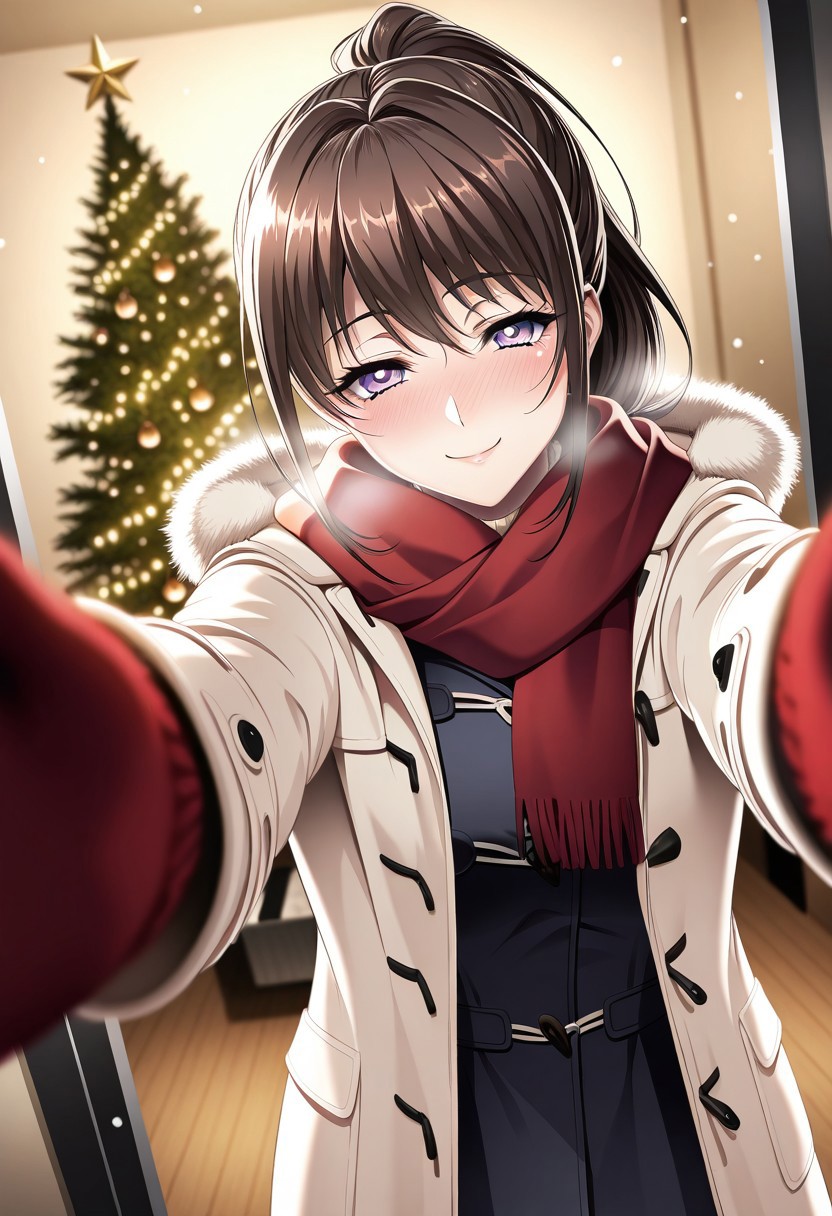 masterpiece, best quality, newest, highres, uncensored, 1girl, yokota mamoru style,1girl, slender face，motion lines,blush,torogao,looking at the viewer,seductive smile
Ichinose Ayako,Brown Hair, Ponytail, Shoulder-length Hair,Long Hair, Sidehair, Straight Hair,Violet Eyes,Slim
1girl,solo
<lora:pov-cheek-warming-ponyxl-lora-nochekaiser:1>, pov cheek warming, pov cheek warming (meme), winter gloves, duffel coat, fur-trimmed scarf, winter clothes, red mittens, meme, winter coat, red scarf, fur-trimmed coat, reaching towards viewer, reaching, mittens, fur-trimmed hood, white coat, open coat, scarf, coat, red gloves, snowing, pov, fur trim, depth of field, smile, blush,, christmas, christmas tree, christmas lights,, , dutch angle, cowboy shot