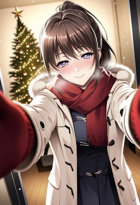 masterpiece, best quality, newest, highres, uncensored, 1girl, yokota mamoru style,1girl, slender face,motion lines,blush,torogao,looking at the viewer,seductive smile
Ichinose Ayako,Brown Hair, Ponytail, Shoulder-length Hair,Long Hair, Sidehair, Straight Hair,Violet Eyes,Slim
1girl,solo
<lora:pov-cheek-warming-ponyxl-lora-nochekaiser:1>, pov cheek warming, pov cheek warming (meme), winter gloves, duffel coat, fur-trimmed scarf, winter clothes, red mittens, meme, winter coat, red scarf, fur-trimmed coat, reaching towards viewer, reaching, mittens, fur-trimmed hood, white coat, open coat, scarf, coat, red gloves, snowing, pov, fur trim, depth of field, smile, blush,, christmas, christmas tree, christmas lights,, , dutch angle, cowboy shot