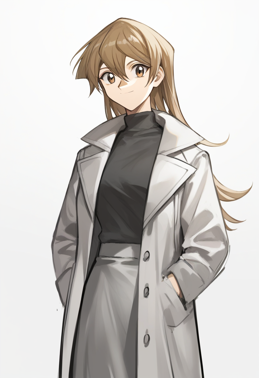score_9,score_8_up,score_7_up,<lora:tenjouin_asuka_pony:1>,1girl, bad_id, bad_twitter_id, black_sweater, brown_eyes, brown_hair, closed_mouth, floating_hair, grey_coat, grey_skirt, hair_between_eyes, highres, long_hair, long_sleeves, open_coat, sketch, smile, solo, standing, straight_hair, tenjouin_asuka