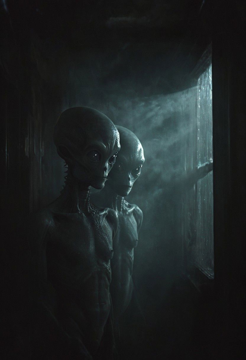 n-eeyblch, Dark Photo of creepy Aliens Standing outside of your Window and looking inside, 
 very detailed, atmospheric haze, Film grain, cinematic film still, shallow depth of field, highly detailed, high budget, cinemascope, moody, epic, OverallDetail, gorgeous, 2000s vintage RAW photo, photorealistic, candid camera, color graded cinematic, eye catchlights, atmospheric lighting, skin pores, imperfections, natural, shallow dof