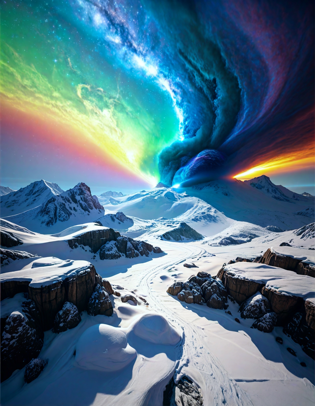 surreal landscape:1.2
a majestic mountain, with soaring peaks, a vast horizon, snow-dusted trees, an awe-inspiring landscape,
calm seas and gentle breezes ,
Sunshower with rainbow formation,
Cumulonimbus capillatus incus anvil,
Submarine hydrothermal vent glow,
Winter pine forests under snow,
Oasis palm clusters,
Volcanoes erupting liquid starlight,
Bridges made of solidified music,
,
Kentaro Miura 
(masterpiece:1.4), (intricate details:1.4), (hyperrealistic:1.3),(painting:0.9),(ultra detailed:1.4), (8k resolution:1.3), (sharp focus), (dramatic perspective:1.1), (chromatic aberration:0.3), (film grain:0.2),
<lora:JuggerCineXL2:0.3>,
<lora:add-detail-xl:0.3>,
<lora:WildcardX-XL-Detail-Enhancer:0.4>,
<lora:xl_more_art-full_v1:0.7>,
<lora:ClassipeintXL2.1:0.3>,
<lora:Flux-XL_Scenery:0.3> flux-scenery ,
<lora:EnvyDramaticLightingXL01:0.7>
detailxl,