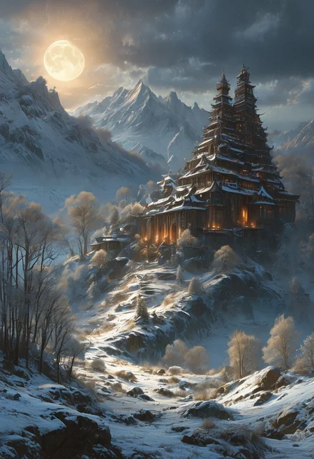 A captivating night scene illustration featuring a grand WOODEN norse long house standing tall on a large snowy hill overlooking a lake. The beautiful long house adorned with some windows, emits a warm glow, highlighting its incredible craftsmanship. The snowy  hill is covered in great pine trees, reflecting on the calm, moonlit snow  that mirrors the silvery moonlight. The full moon graces the sky, casting an ethereal glow on the clouds and mountain, while wispy clouds partially obscure its brilliance, adding to the scene's mystique. Twinkling stars dot the sky, creating a celestial tapestry that harmonizes with the moon's radiance. This enchanting artwork captures a serene and peaceful night, where the illuminated WOODEN Norse longhouse stands resolute amidst the celestial beauty, creating a cinematic experience., illustration, cinematic
<lora:DonM3t3rn1tyXL-v1.1:0.7>, DonM3t3rn1tyXL,
OverallDetailXL  <lora:MJ52:0.3>  <lora:SDXLFaeTastic2400:0.4>  <lora:EpicF4nta5yXL:0.7>