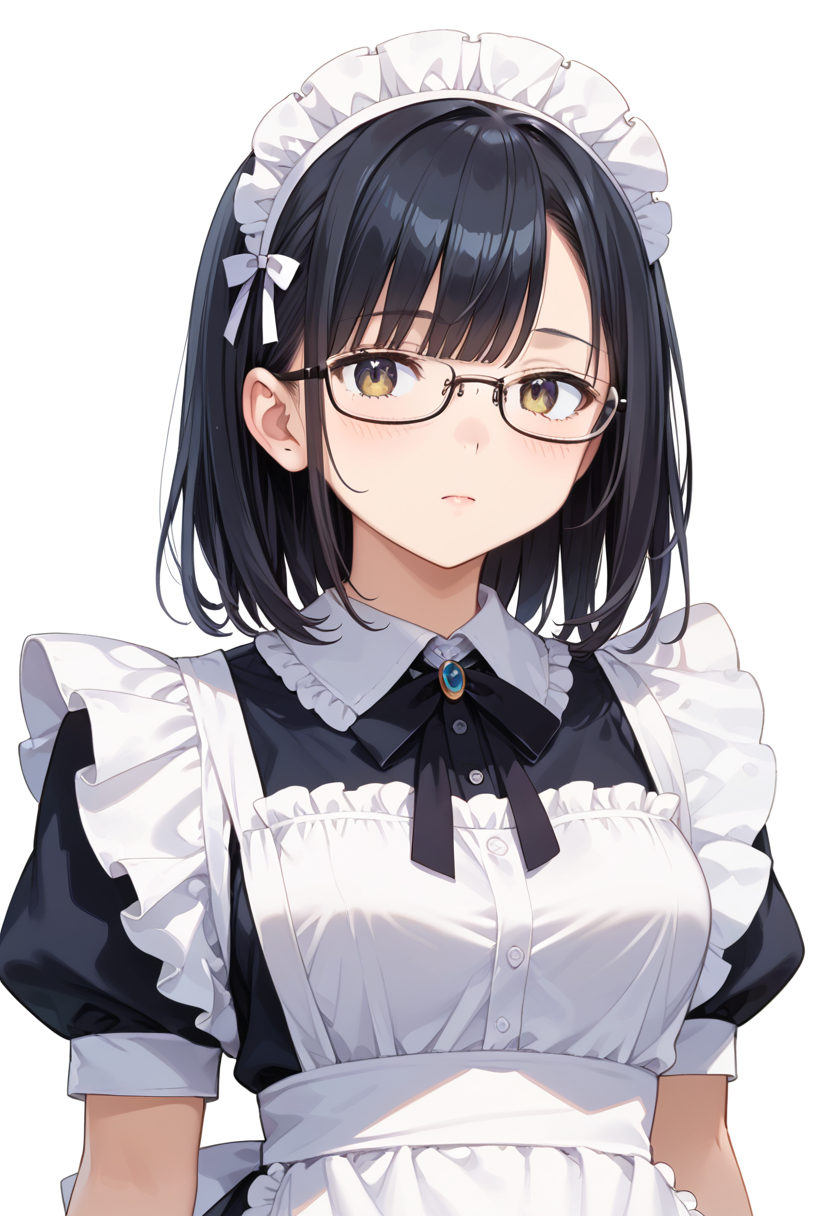 score_9, score_8_up, score_7_up, rating_safe, masterpiece, best quality, absurdres, unity 8k wallpaper, official art, official style, source_anime, uncensored, game cg, megami magazine,
1girl, solo, black hair, medium hair, upper body, covered eyes,maid, maid headdress, black dress, maid apron, face focus,
underrim_metal, glasses, still life, white background, simple background, under-rim eyewear, black-framed eyewear, 
 <lora:glasses_underRimMetal_PONY_V1:1>