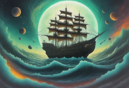 Space_In_Shell, psychodelic,in a space, a huge frigate flying in a space storm on huge energy waves, in the background a huge kraken is visible catching up with the frigate, dark shot,