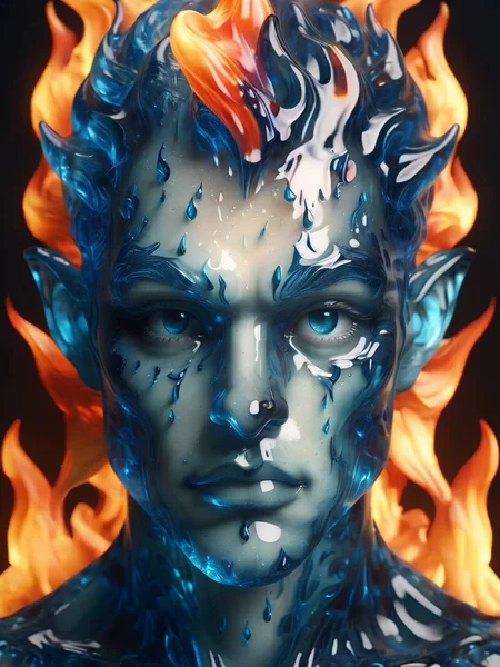 (8k, RAW photo, highest quality), hyperrealistic, intricate abstract, intricate artwork, abstract style, striking portrait, menacing, otherworldly creature, [demon:darkness:35], [flames:magma:40], with swirling flames cascading from its body, fearsome power and ethereal presence, non-representational, colors and shapes, expression of feelings, imaginative, highly detailed, extremely high-resolution details, photographic, realism pushed to extreme, fine texture, 4k, ultra-detailed, high quality, high contrast <lora:ral-blueresin-sdxl:1> made of ral-blueresin