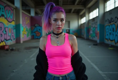 Neonpunk style adult beautiful woman, eyeliner, eyeshadow, makeup, iridescent lips.
Grunge-inspired rebel in an abandoned warehouse, wearing torn jeans and a neon pink tank top, undercut hairstyle with graffiti art in the background, photo by Daido Moriyama, cyberpunk, vaporwave, neon, vibes, vibrant, stunningly beautiful, crisp, detailed, sleek, ultramodern, magenta highlights, dark purple shadows, high contrast, cinematic, ultra detailed, intricate, professional, medium side shaved elegant purple hair with cyan tips and salmon pink highlights, several glamour luxury intricate body accessories.