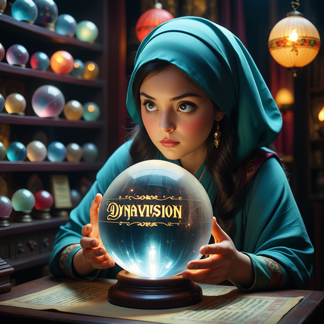 A fortune teller gazing into a crystal ball in a dim, mystical shop., (cinematic color grading lighting vintage realistic film grain scratches celluloid analog cool shadows warm highlights soft focus actor directed cinematography technicolor :1.3), with the text "DynaVision" on it