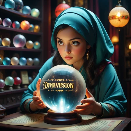 A fortune teller gazing into a crystal ball in a dim, mystical shop., (cinematic color grading lighting vintage realistic film grain scratches celluloid analog cool shadows warm highlights soft focus actor directed cinematography technicolor :1.3), with the text "DynaVision" on it