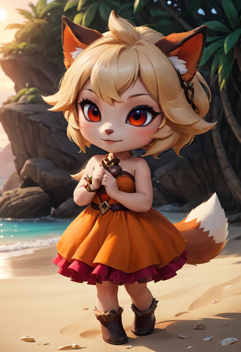 furry fox girl, ((brown fox)), (chibi), 
bad fox, with red big eyes,  beach,
(orange) dress, portrait, long blonde hair,
Hyperrealistic art high-quality portrait flat matte drawing of a cute Nendoroid and cartoon style, anime flat style, thick drawing, medium close-up", (solo:1.2), photorealistic:1.5, 8k, texture skin, realistic skin, detailed skin, highest detailed, extreme detailed, 8k wallpaper, colorful, (dark magic), ring with the stone, (intricate details), (hyperdetailed), 8k hdr, high detailed, lot of details, high quality, soft cinematic light, atmospheric perspective (focus on), color Ink wash painting, Extremely high-resolution details, photographic, realism pushed to extreme, fine texture, incredibly lifelike,