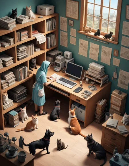a realistic photo of large medical records technician coming into contact with Cat, a group of  Dog bullying villagers , matte, <lora:IPXL_v2:0.3> inkpunk, <lora:Isometric Cutaway:0.8> Isometric Cutaway page,  <lora:Astigmatism_0.5b:0.33>,  <lora:add-detail-xl:2>