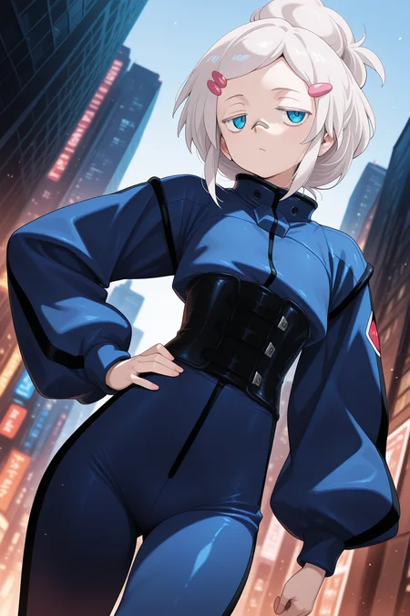 1girl,
DeuxMurasameGundam, DMPilotSuit,
general, solo, perspective, dynamic angle, upper body,
colored eyelashes, jitome,
hairclip, bandaid on nose,
blue bodysuit, corset,
pose, hand on own hip, \:\>,
city, psyco gundam,
depth of field,
<lora:kp_DeuxMurasameGundamGQIllustrious_v1_1:1.0>,
masterpiece, best quality, amazing quality