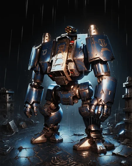 score_9, score_8_up, score_7_up, rating_questionable, intricately detailed,
<lora:W40k_Ultramarine_Dreadnought:0.9>,
drn0ghtclosed, humanoid robot, headless, solo, full body,
front,
rain, wet street, wet, destroyed city, battlefield, ruins, burning wreckage, on a cracked road, at night, darkness, rainfall, dark theme,
depth of field, detailed background,
<lora:ral-chrosc-clr:0.5>, ral-chrosc-clr,
<lora:Expressive_H:0.5>, expessiveH,
<lora:xl_more_art-full_v1:0.3>,
<lora:add-detail-xl:0.3>