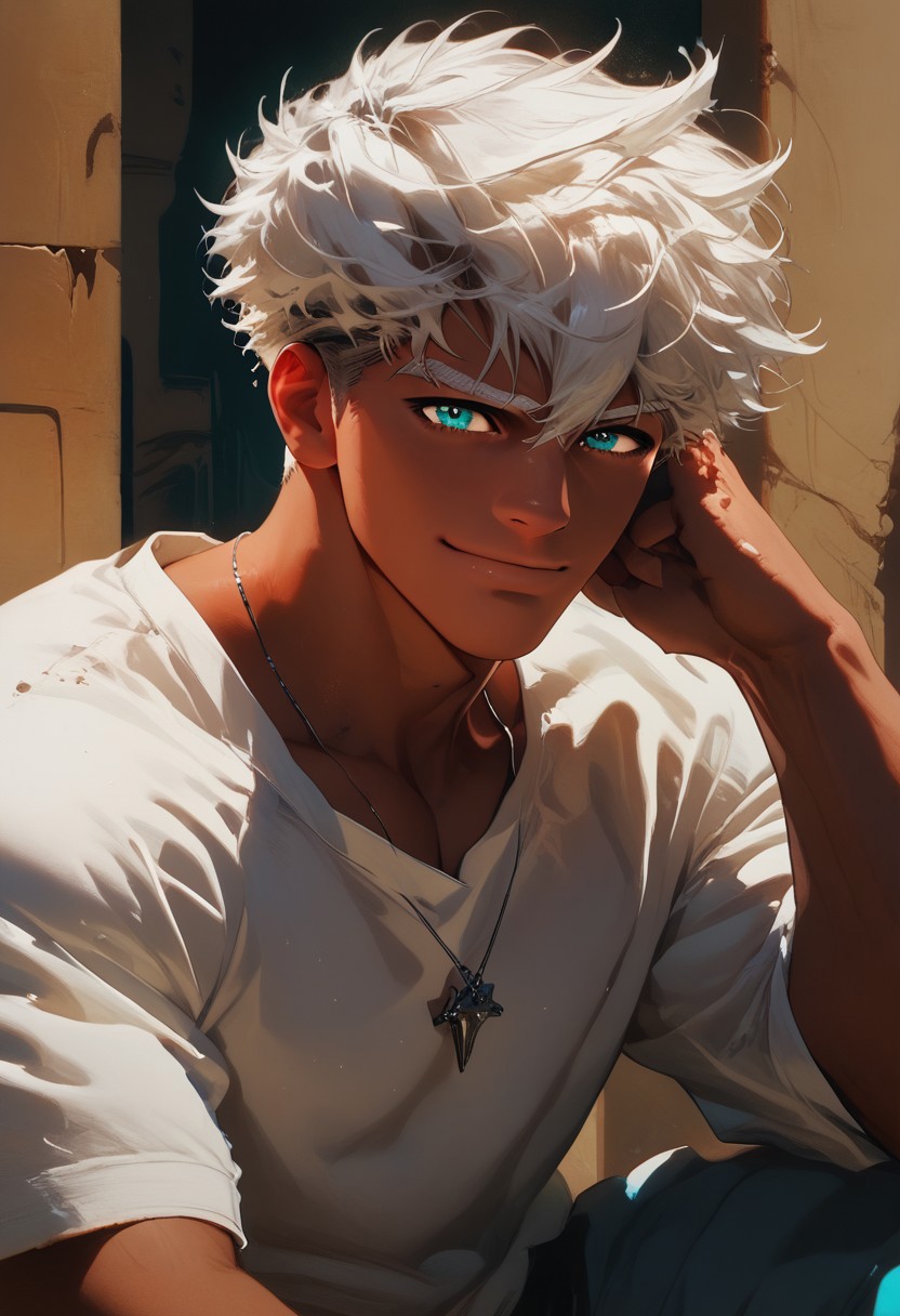 score_9, score_8_up, score_7_up, score_6_up, hd, masterpiece, 1boy, solo, fluffy white hair, white eyebrows, cyan eyes, anime, yaoi, bara, handsome, muscular, big pectorals, hyper pectorals, nipples, dark skin, dark_skin, dark temple background, moody lighting, dark, nighttime, necklaces, cute, pov, close up, ((side view, front view)), concept art, realistic, dark theme, hd, 25 yo, masterpiece, 1boy, solo, fluffy white hair, cyan eyes, anime, yaoi, bara, handsome, muscular, dark skin, dark_skin, dark temple background, moody lighting, dark, nighttime, cute, hair in the eyes, sexy, ((white blouse, white sweatshirt)), ((happy, smile, cute expression)), hand on head, face resting on hand, hand on face