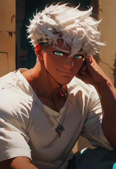 score_9, score_8_up, score_7_up, score_6_up, hd, masterpiece, 1boy, solo, fluffy white hair, white eyebrows, cyan eyes, anime, yaoi, bara, handsome, muscular, big pectorals, hyper pectorals, nipples, dark skin, dark_skin, dark temple background, moody lighting, dark, nighttime, necklaces, cute, pov, close up, ((side view, front view)), concept art, realistic, dark theme, hd, 25 yo, masterpiece, 1boy, solo, fluffy white hair, cyan eyes, anime, yaoi, bara, handsome, muscular, dark skin, dark_skin, dark temple background, moody lighting, dark, nighttime, cute, hair in the eyes, sexy, ((white blouse, white sweatshirt)), ((happy, smile, cute expression)), hand on head, face resting on hand, hand on face