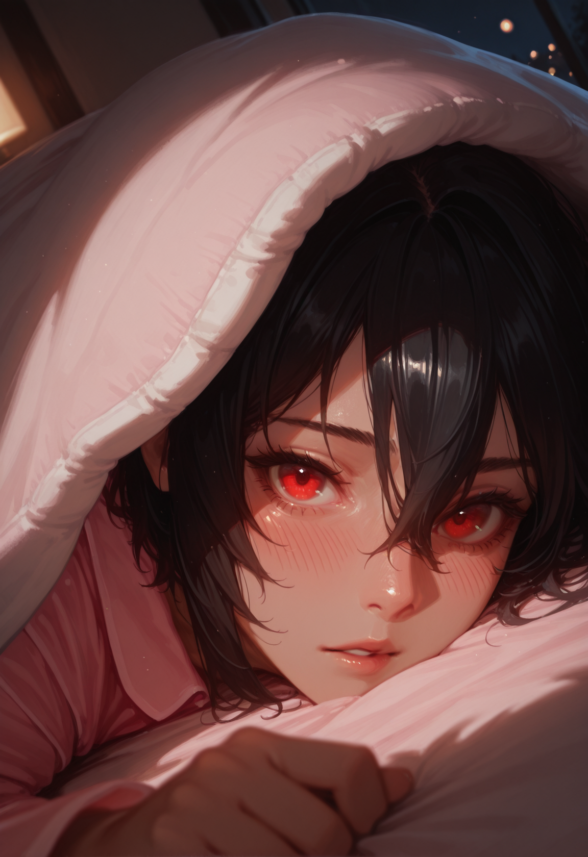 1girl, red eyes, solo, under covers, blush, looking at viewer, pajamas, parted lips, lying, black hair, blurry, pink pajamas, close-up, on stomach, depth of field, hair between eyes, long sleeves, indoors, blanket, short hair, night, under_the_covers, masterwork, masterpiece, best quality, dynamic lighting , dynamic pose,,  dynamic angle, , , (realistic:1.2), (lineless:1.2), detailed, <lora:Detailer_NoobAI_Incrs_v1:0.5>, , aged up, adult, depth of field, dynamic lighting, blurry, cheekbones,