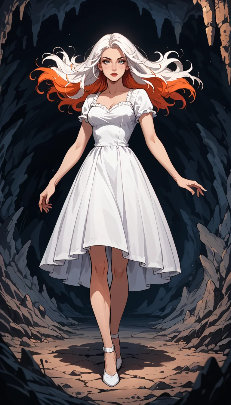 score_9, score_8_up, score_7_up, (Western Comics), umbral girl, cute, seductive, innocent, multicolored hair, floating hair, wild hair, in gothic white dress, mane, (Cave background), (Full body photo), (depth of field), (dynamic angle), (ultra detailed, high quality texture), (sharp), (artistic image)