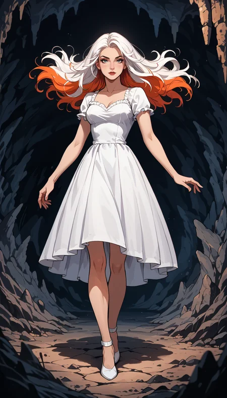 score_9, score_8_up, score_7_up, (Western Comics), umbral girl, cute, seductive, innocent, multicolored hair, floating hair, wild hair, in gothic white dress, mane, (Cave background), (Full body photo), (depth of field), (dynamic angle), (ultra detailed, high quality texture), (sharp), (artistic image)