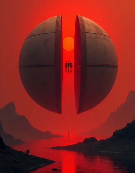 sci-fi style a spherical space ship, the ship has split at the center to reveal a cylinder of windows behind which human figures can be seen
the ship is hovering over a red lake
the sun in the sky is a deep red colour
only dim light reaches the planet's surface
everything is tinged red, score_9, score_8_up, score_7_up, hyperdetailed, hyperrealistic, best quality, (masterpiece:1.3),high-definition, intricate details, volumetric lighting, symmetrical face, level eyes, . futuristic, technological, alien worlds, space themes, advanced civilizations