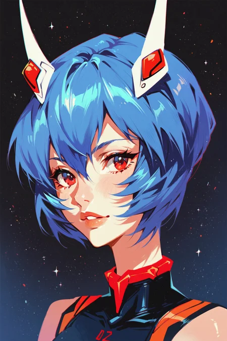 score_9, score_8_up, score_7_up, neon genesis evangelion, ayanami rei, blue hair, red eyes, solo, solo focus, portrait, dark background, colorful Sitting with one leg tucked under and the other extended, <lora:ahad:0.5>