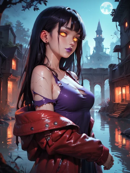 Score_9, score_8_up, score_7_up, score_6_up, score_5_up, solo, from behind, looking_back, looking at viewer, long hair, dark hair, upperbody, breasts, Glowing, collarbone, cracked skin, Glowing eyes, yellow eyes, single bare shoulder, torn clothes, purple lips, orange eyes, slit pupil, colored sclera, torn jacket, purple dress, red jacket, bettereyes, detailed_eyes,
Outdoors, swamp, cityscape, archaic, night sky, night, ruins, tree, city, gothic architecture, fog, mist,
<lora:Concept_Eye_Detail_-_Pony-000004:0.8> zPDXL2 <lora:g0th1cPXL:0.5>