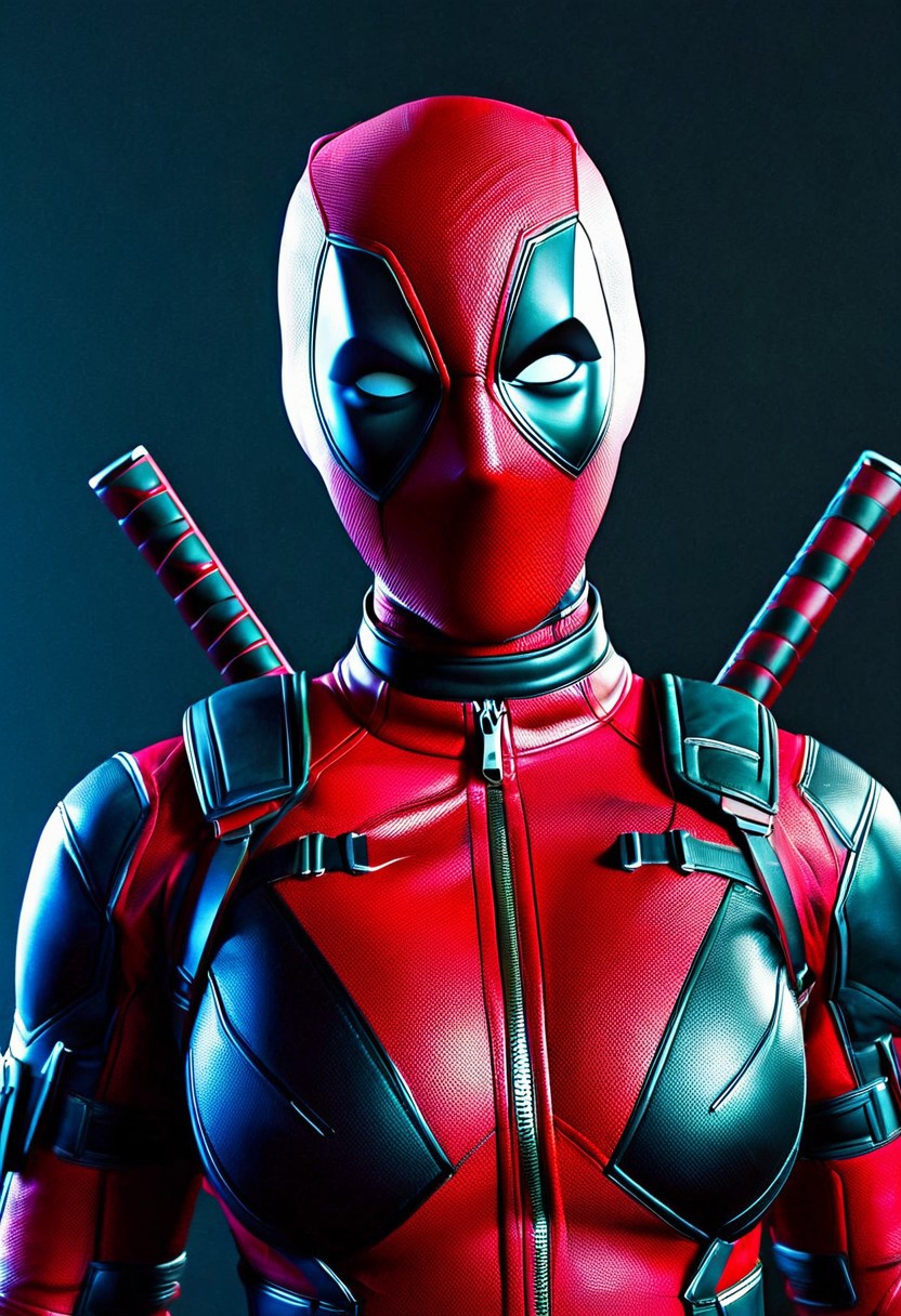 A hyper-realistic depiction of a single woman, focusing on her upper body, dressed in a meticulously detailed Deadpool costume, complete with vibrant red and black hues, accentuated by subtle, dramatic lighting that highlights the texture and folds of the suit, set against a muted, dark background to emphasize the subject's striking appearance, captured from a slightly overhead angle to convey a sense of power and confidence.
