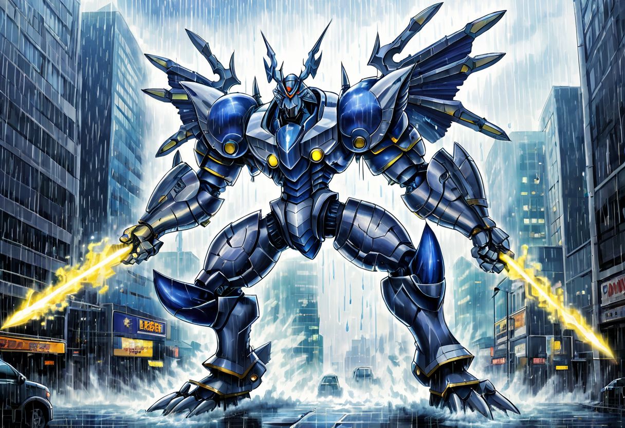 score_9, score_8_up, score_7_up, score_6_up, score_5_up, score_4_up,rating safe,source_anime,a mecha dorugoramon with energy thrusters holding an energy lance in a city with a deluge of rain falling from the sky,epic,apocalyptic,biomechanical,giant robot,weapon,holding weapon