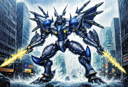 score_9, score_8_up, score_7_up, score_6_up, score_5_up, score_4_up,rating safe,source_anime,a mecha dorugoramon with energy thrusters holding an energy lance in a city with a deluge of rain falling from the sky,epic,apocalyptic,biomechanical,giant robot,weapon,holding weapon