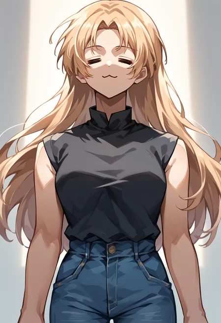 score_9, score_8_up, source_anime, 1girl, solo, =w=, :3, = =, eyes closed, tsukumo yuki, brown eyes, black shirt, sleeveless shirt, jeans, <lora:ChamElfExpressionPonyXL:1.2>, <lora:jjk_tsukumo_ponyXL:1>