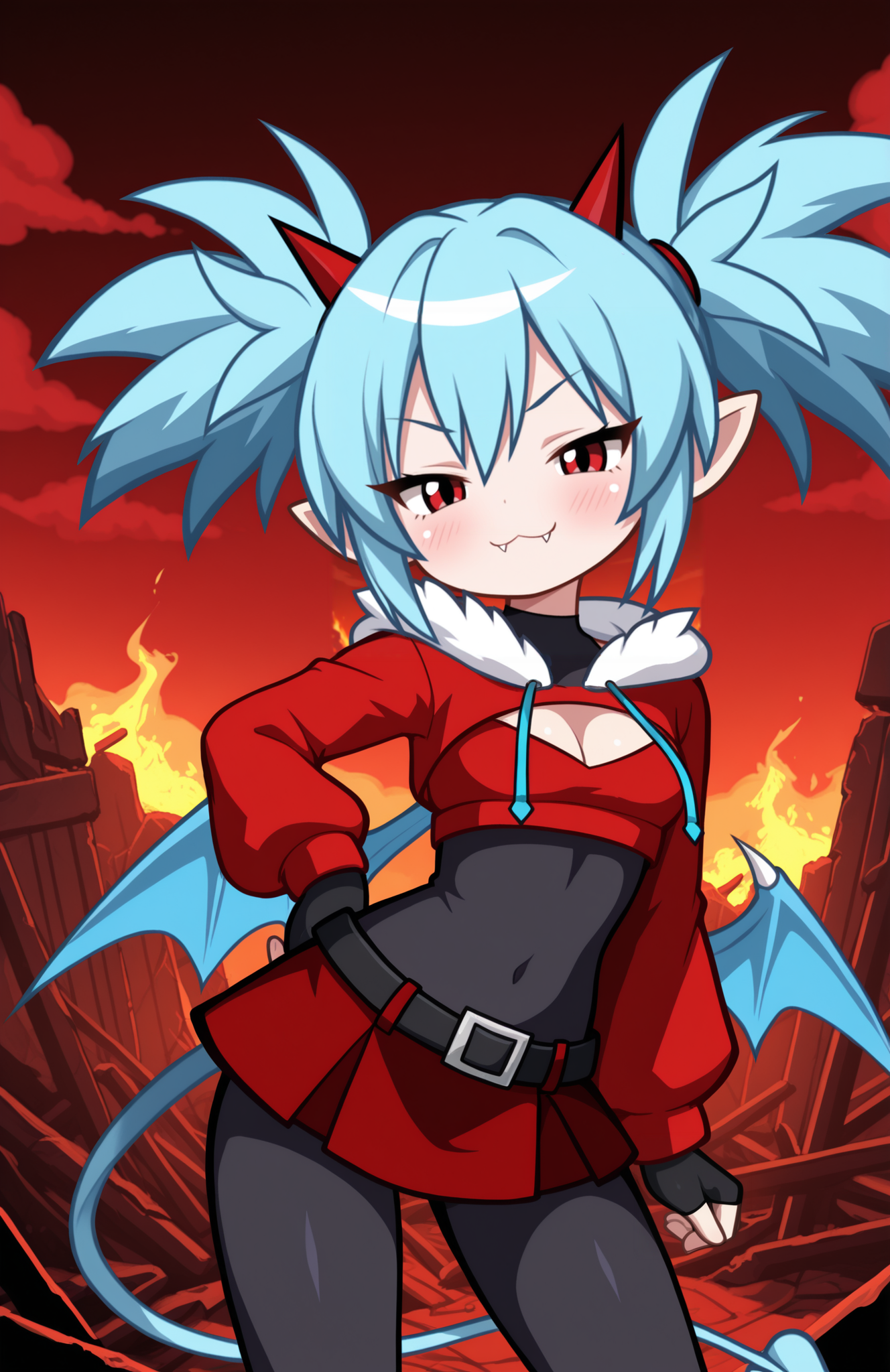 1girl, solo, ruins, hell, cloud, red sky, dark sky, fiery sky, fire, cowboy shot,
<lora:Nullantwins:0.8> zhuu, red eyes, blue hair, red horns, demon tail, blue tail, demon wings, blue wings, twintails, big hair, pointy ears,
red hoodie, cropped hoodie, long sleeves, black bodysuit, fur-trimmed hoodie, blue fur, black gloves, fingerless gloves, cleavage cutout, red skirt, midriff, black belt, belt buckle, blue drawstring,
contrapposto, light smile, blush, looking at viewer, smug, :3, fangs out,
 <lora:ShantaeChibi-13:1> shntchibi, extremely detailed, highres, masterpiece, best quality