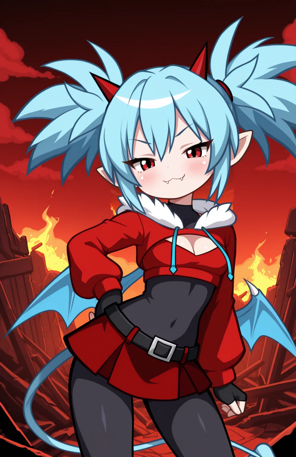 1girl, solo, ruins, hell, cloud, red sky, dark sky, fiery sky, fire, cowboy shot,
<lora:Nullantwins:0.8> zhuu, red eyes, blue hair, red horns, demon tail, blue tail, demon wings, blue wings, twintails, big hair, pointy ears,
red hoodie, cropped hoodie, long sleeves, black bodysuit, fur-trimmed hoodie, blue fur, black gloves, fingerless gloves, cleavage cutout, red skirt, midriff, black belt, belt buckle, blue drawstring,
contrapposto, light smile, blush, looking at viewer, smug, :3, fangs out,
<lora:ShantaeChibi-13:1> shntchibi, extremely detailed, highres, masterpiece, best quality