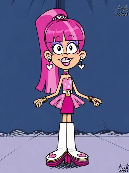 score_9, score_8_up, score_7_up, score_6_up, score_5_up,
LULUL, STRAPLESS, LIPSTICK, PINK DRESS, SKIRT, LIPSTICK, FRECKLES, DIAMONDED PONYTAIL CUFF, CHOKER, BLUNT BANGS, HEART EARRINGS, MAKEUP, BELT, BOOTS
, 1girl, solo, looking at viewer
, aaaninja <lora:AAANinja:1> <lora:Lulu_Loud:0.9>