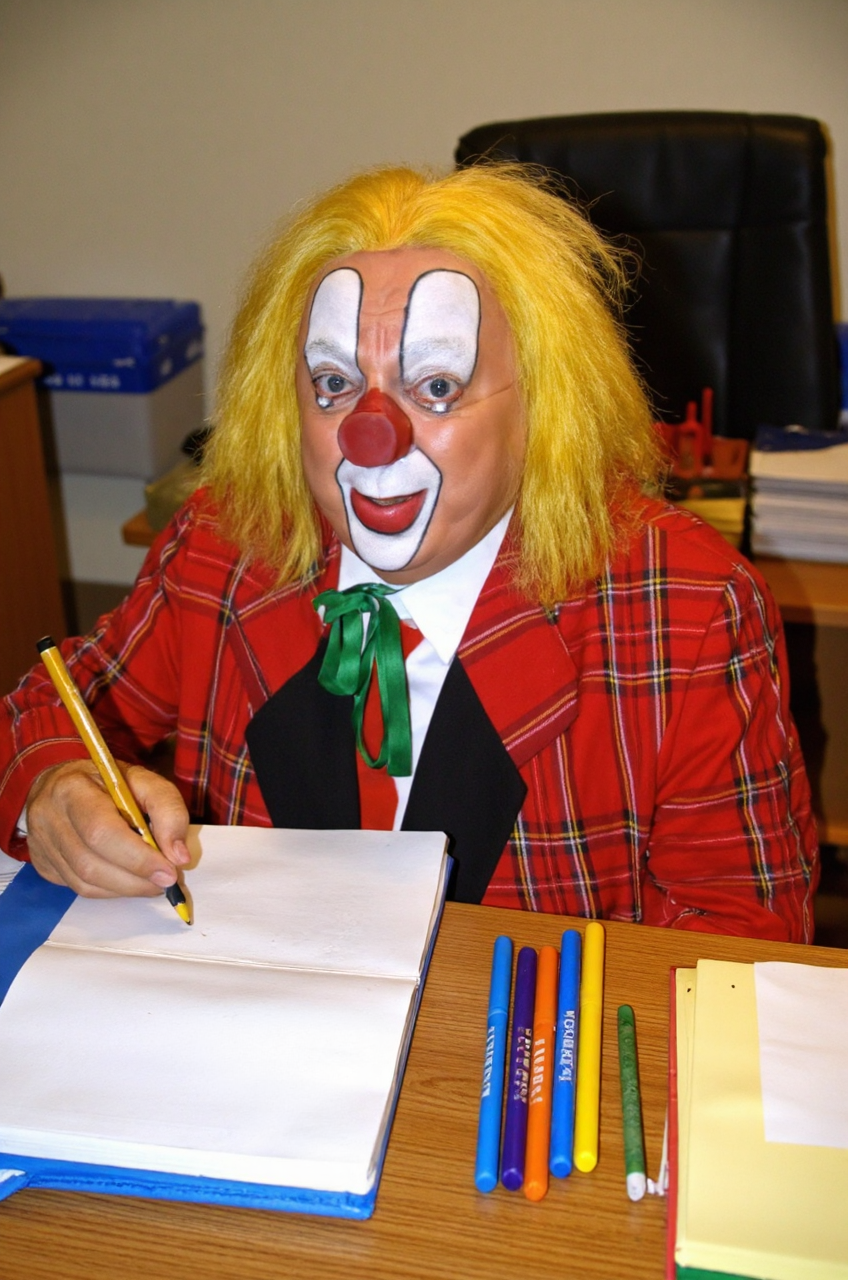 <lora:Bassie:1.6> Bassie the clown, Someone writing in a notebook, pausing to look at the camera with a curious smile, surrounded by neatly organized stationery.