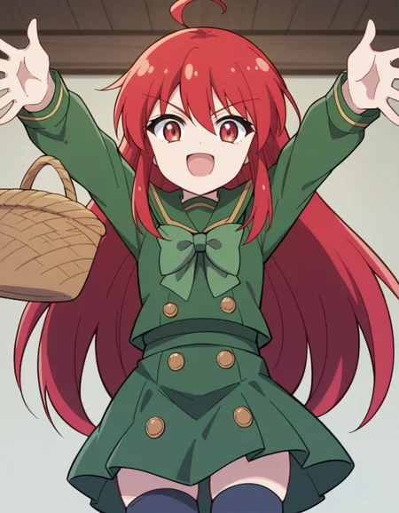 score_9, score_8_up, score_7_up, source_anime, <lora:shakugan-no-shana-s3-ponyxl-lora-nochekaiser:1>, shana, long hair, red hair, red eyes, ahoge, sidelocks,, school uniform, serafuku, green serafuku, bowtie, green bowtie, green shirt, green sailor collar, long sleeves, green skirt, buttons, thighhighs,, farmers market, fresh produce, local vendors, baskets, sunny day, community, , on back, arm support, arms up, incoming hug, pov, reaching, reaching towards viewer,, looking at viewer, solo,, dutch angle, cowboy shot