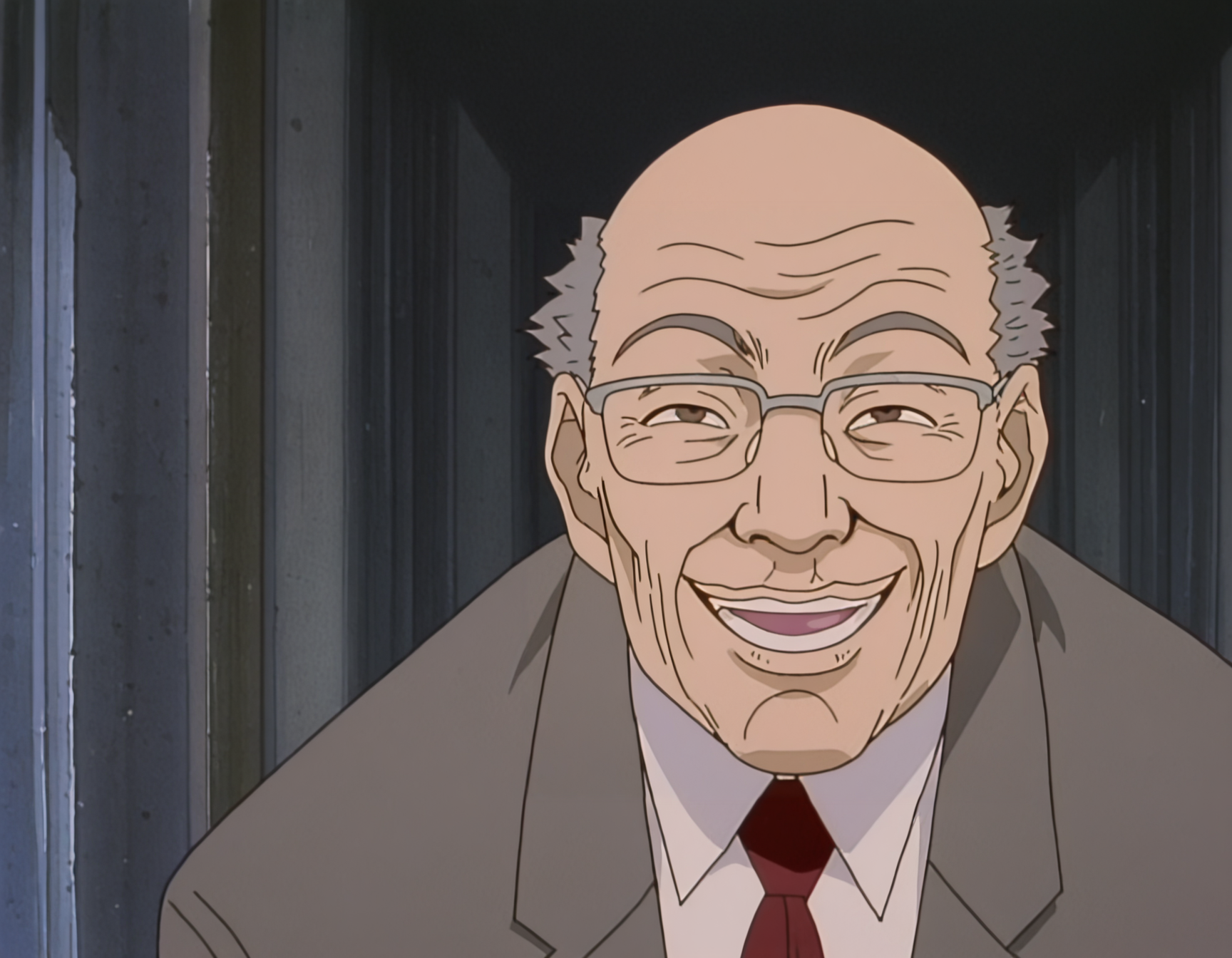 pixel-perfect masterpiece, best quality, highres, highly detailed, parody,  exaggerated features, dramatic, meme,
1boy, Vice Principal,  elderly man, glasses, balding,  detailed eyes,  :d , happy,formal, evil smile, 
skin texture, textured, 
anime screenshot, (artist: sabudenego:0.6),  (by abara heiki:0.4), by higashiyama shou, (by incase:0.4), 
 <lora:Great Teacher Onizuka 2.0 Illustrious-000063:0.9>