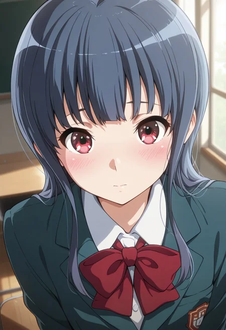 masterpiece,best quality,amazing quality, yoroizuka mizore, long hair, light blue hair, cherry-red eyes, 1girl, blush, solo, red bow, closed mouth, shirt, looking at viewer, school uniform, bow, jacket, white shirt, collared shirt