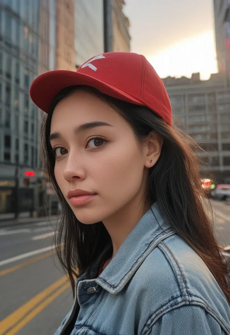 30yo woman posing for pic in front of tall building.
Small eyes. Brown eyes.
Wearing ripped Denim jacket red hat
no makeup. Clear skin.  realistic skin style
Long dark black slick back hair. No makeup. Dusk, Street light. Looking at camera POV. Slight smile, tilting head.. Tilt head. Hands in head, face, lips.
Medium Close Up shot. Bokeh. Bokeh light.