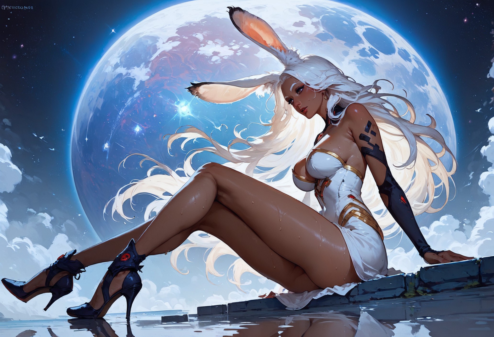 score_9, score_8_up, score_7_up,  rating_questionable, 20yo girl, 1girl, viera, solo, tall, white dress, red trim, a woman with white hair, Brom, beautifully backlit, fantasy art, dark skin, long hair, rabbit ears, white hair, space traveler, galactic, otherworldly, ethereal, atmospheric, galaxy, sweat, full body, butt, romantic, sitting, high heels, side view, view from below, head turned away  <lora:pony/twilight_style:0.8> <lora:pony/expressiveh:0.8> expressiveh
