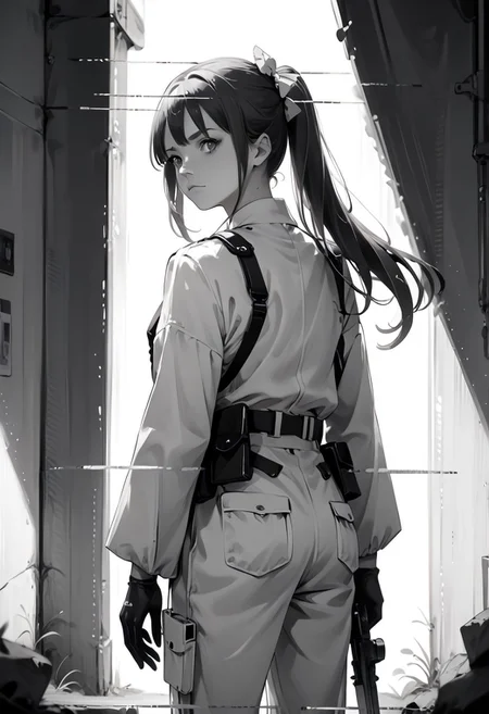 score_9, score_8_up, score_7_up, 
d1splaygl1tchl1nes, DisplayGlitchLines,Display Glitch Lines, 1girl, solo, long hair, looking at viewer, bangs, hair ornament, gloves, long sleeves, bow, closed mouth, standing, monochrome, ponytail, weapon, hair bow, greyscale, looking back, pants, from behind, uniform, scrunchie, pouch, holster